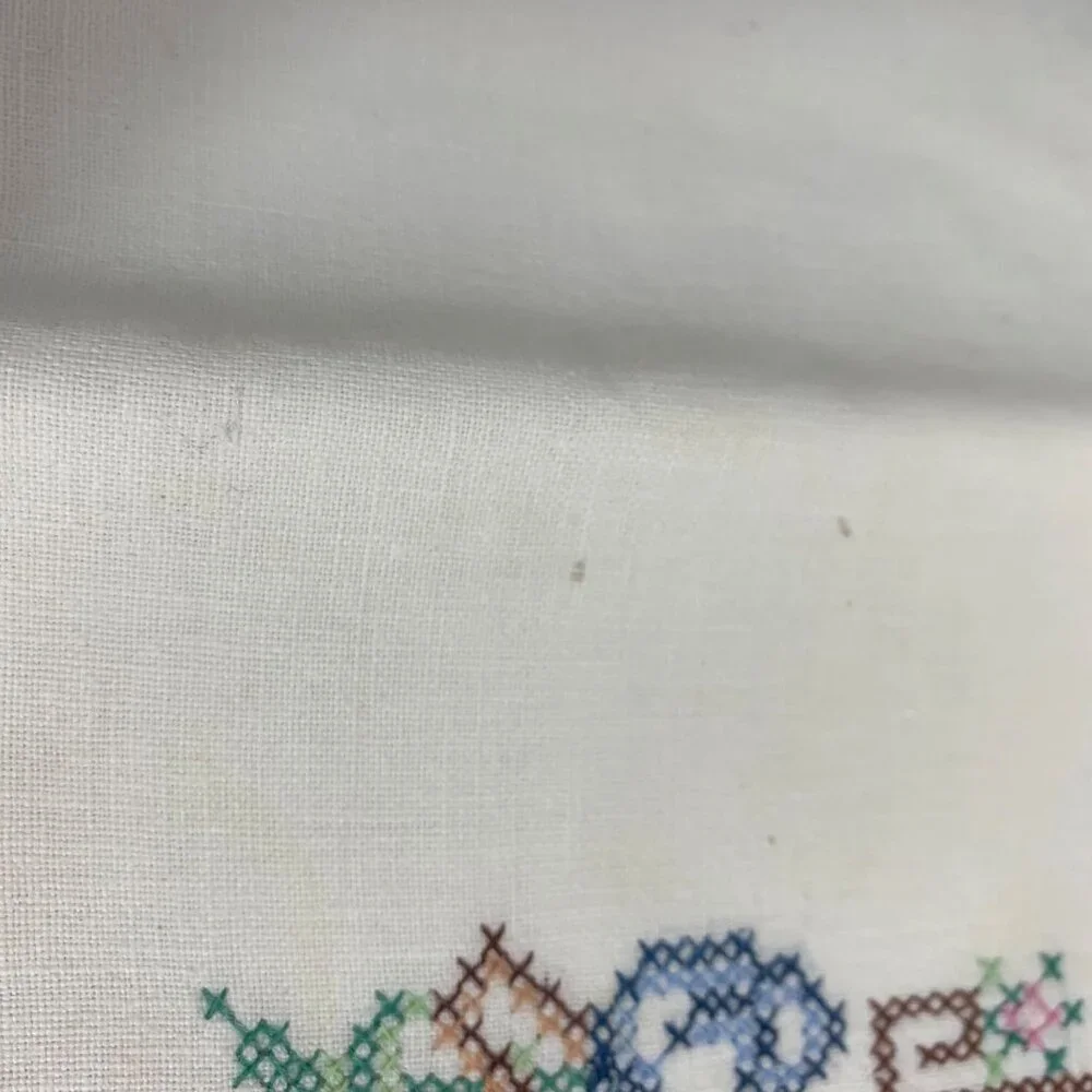 Vintage White Linen Tablecloth Embroidered Cross Stitched Floral Baskets